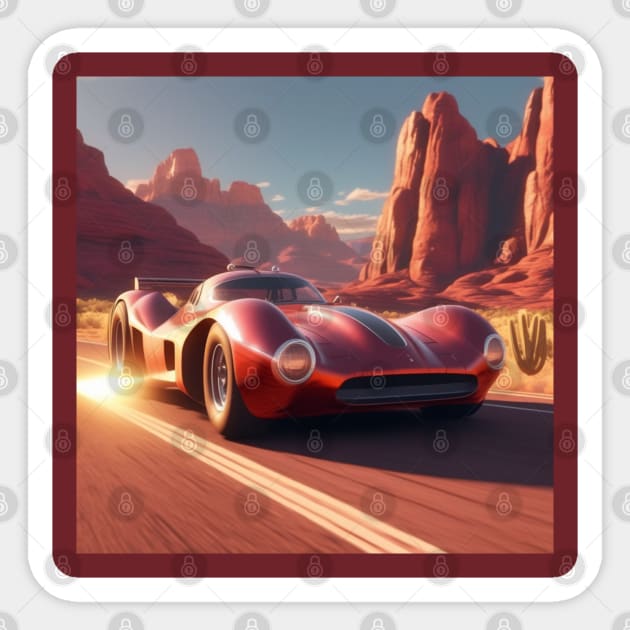 A Retro-Futuristic Racing Car Travelling Through The Arizona Desert At Dusk. Sticker by Musical Art By Andrew